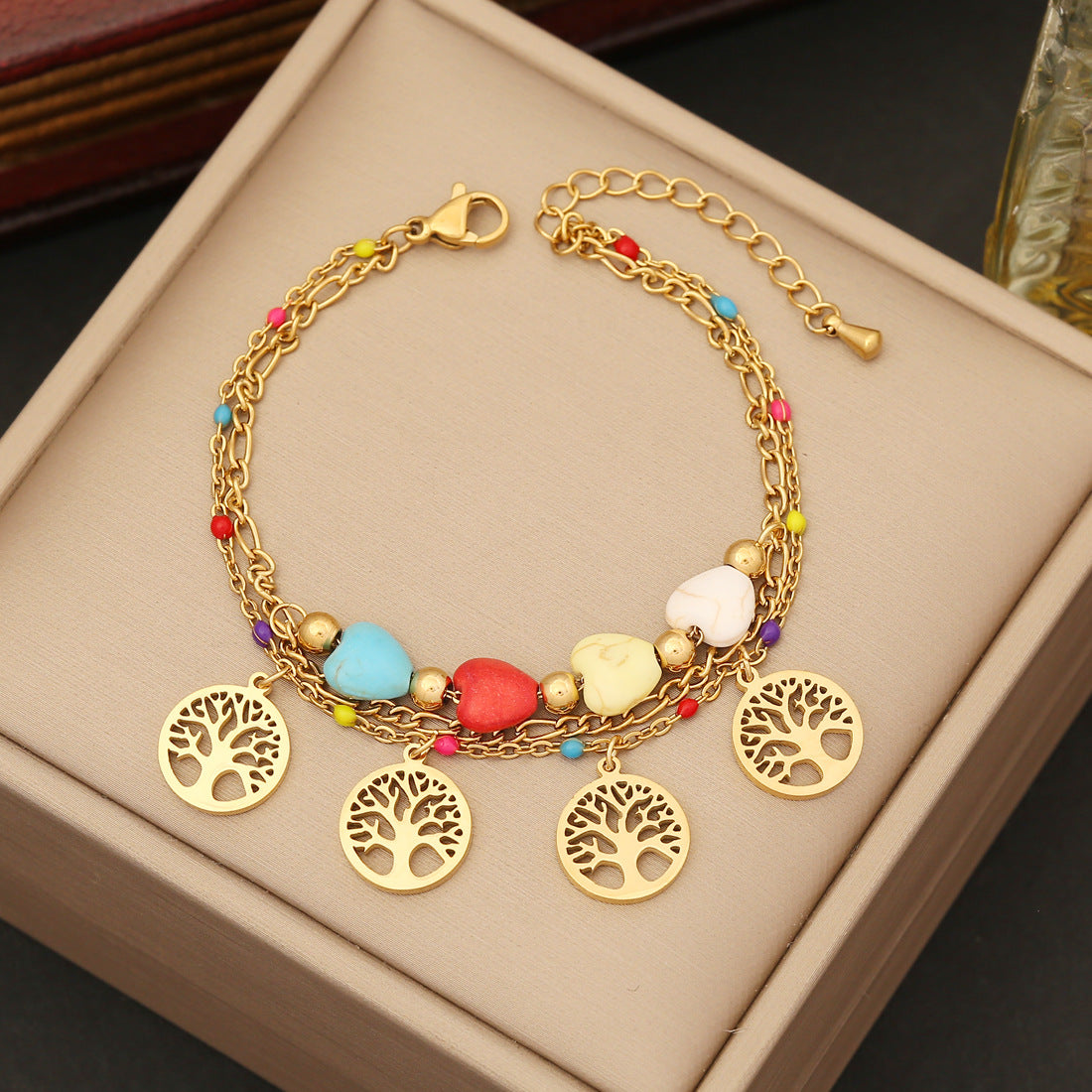 Wholesale Tree of Life Heart Turquoise Color Drip Oil Stainless Steel Bracelet